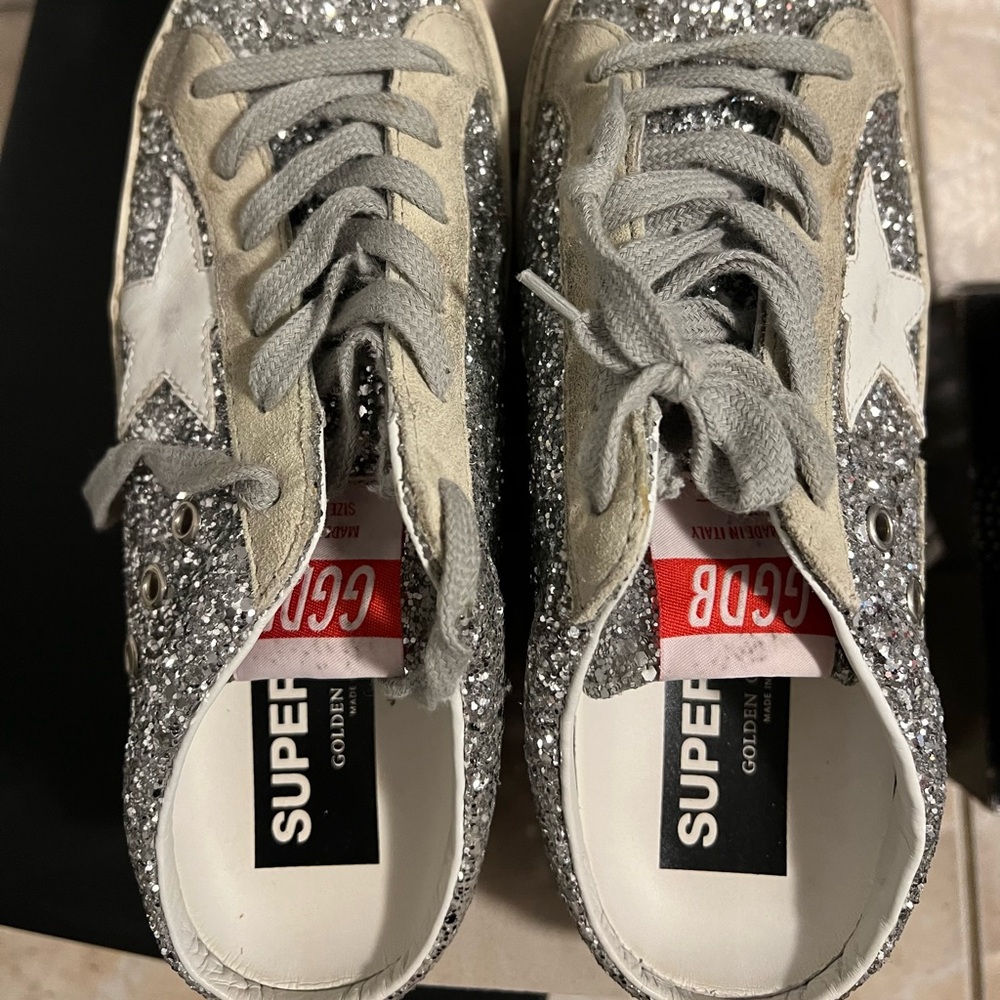 Golden Goose Glitter Super-Star Sabot Sneakers.